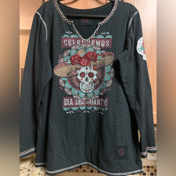 Double D Ranch Black Long Sleeve Día del Gigante Design Embroidery Top Cotton - Picture 5 of 16